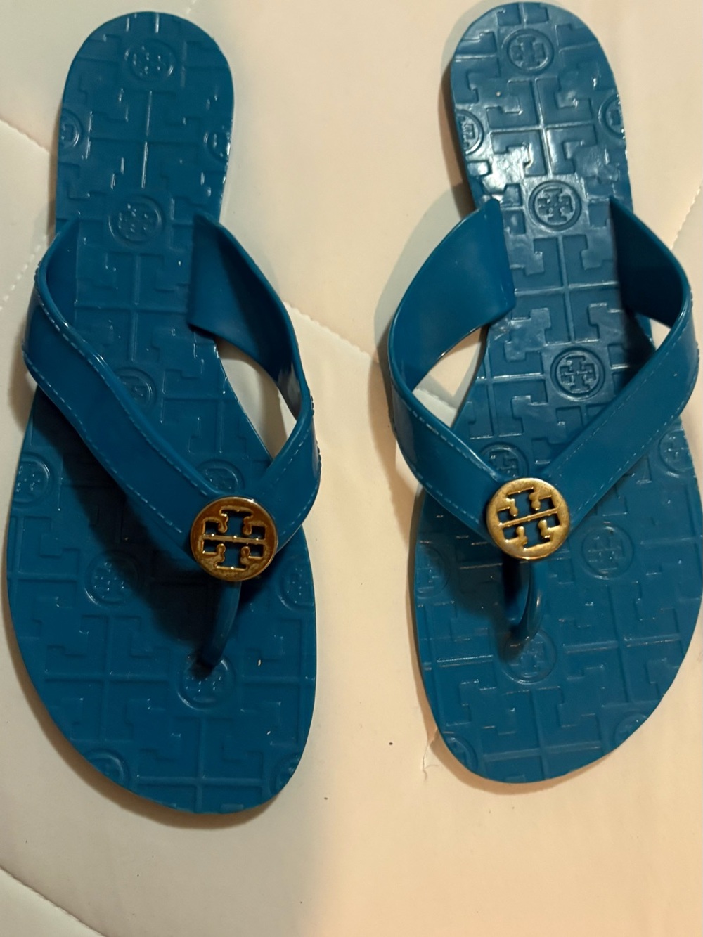 Tory Burch Teal Blue Logo Flip Flops with Gold Emblem